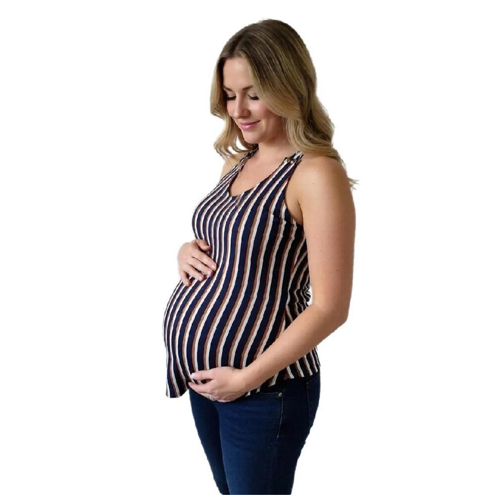 Tutta Bella maternity Top Sleveless strap Stripe Top Sz L Stretch Navy Blue